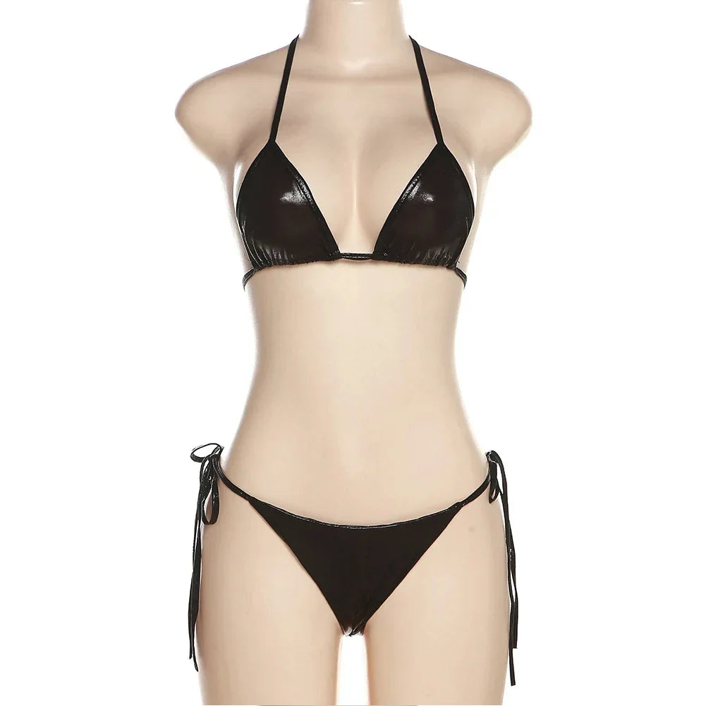 Sexy Women Beach Bikini 2 Pcs Set Halter Bra Bandage Briefs Summer Swimsuits Elastic Breathable Underwear Low Rise Lingerie