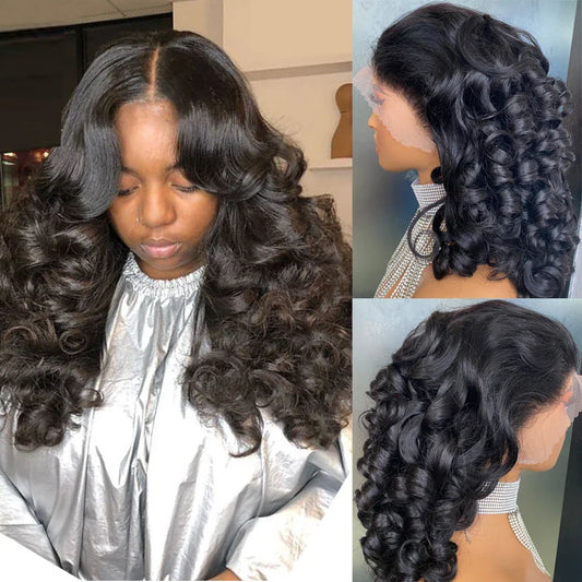Double Drawn Curly Human Hair Wigs 13x4 Lace Frontal Bouncy Curly Loose Wave Lace Frontal Wigs Human Hair Wigs for Women