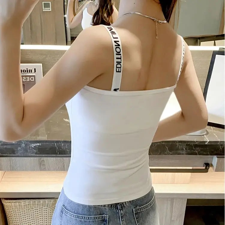 Cotton Camisole Bottom Shirt Tank Top Women Inner White Short Slim Outerwear Tops Sporty Bottom Letter Shoulder Strap