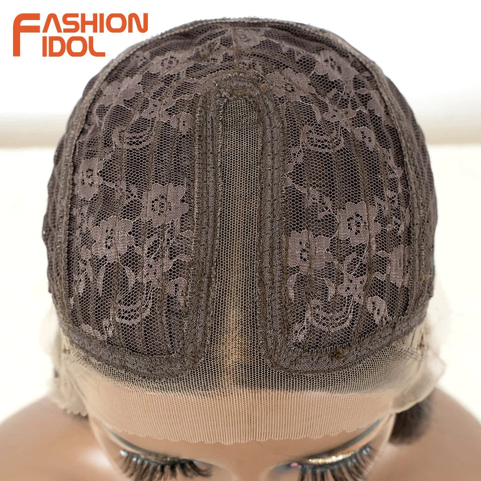 FASHION IDOL Cosplay Wig Synthetic With Bangs Lace Front Wigs For Women Ombre Brown 24 Inch Highlight Glueless Straight Lace Wig