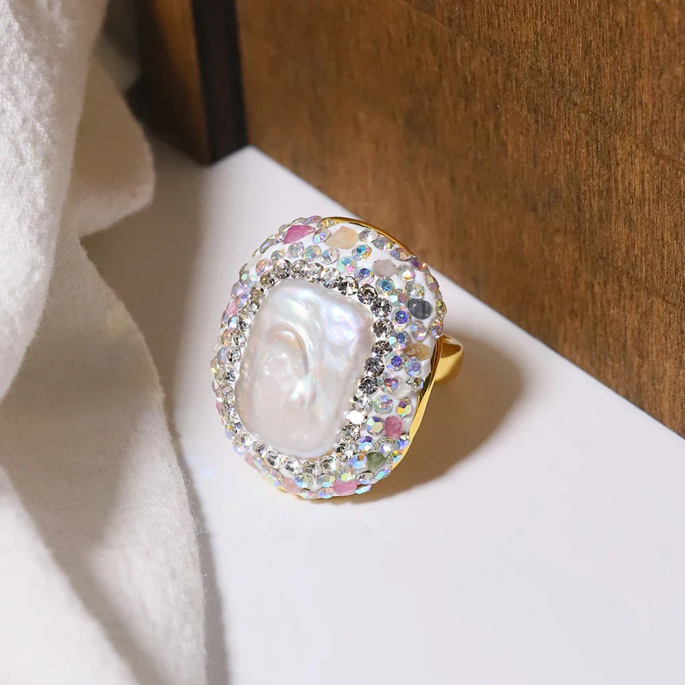 Baroque Pearl Inlaid Tourmaline Ring for Women Personalized Fashion Elegant Luxury Simple Ladies Banquet Exquisite JewelryGR0409