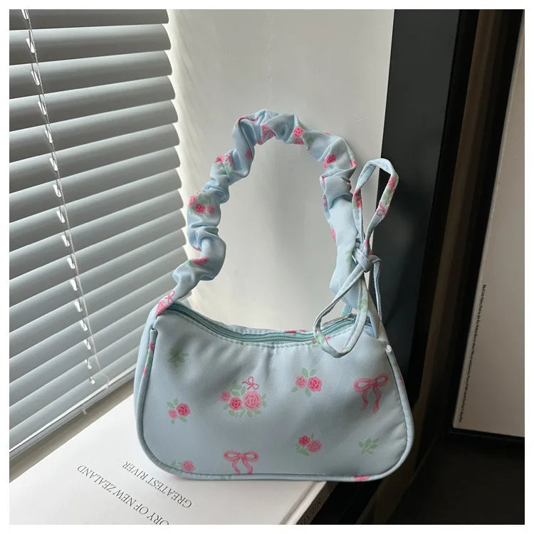 Gentle and Sweet Flower Canvas Bag for Women 2025 New Drawstring Shoulder Bag High Beauty Broken Flower Bow
