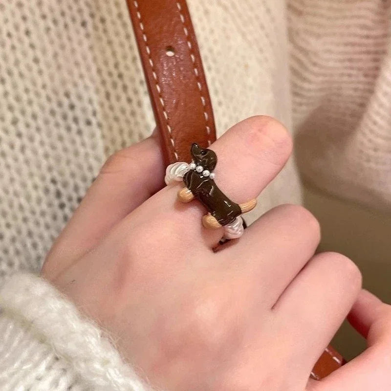 Delicate Puppy Pearl Rings for Women Girls Cute Cartoon Imitation Pearl Bead Ring Set Fashion Jewelry Accessories Student Gifts
