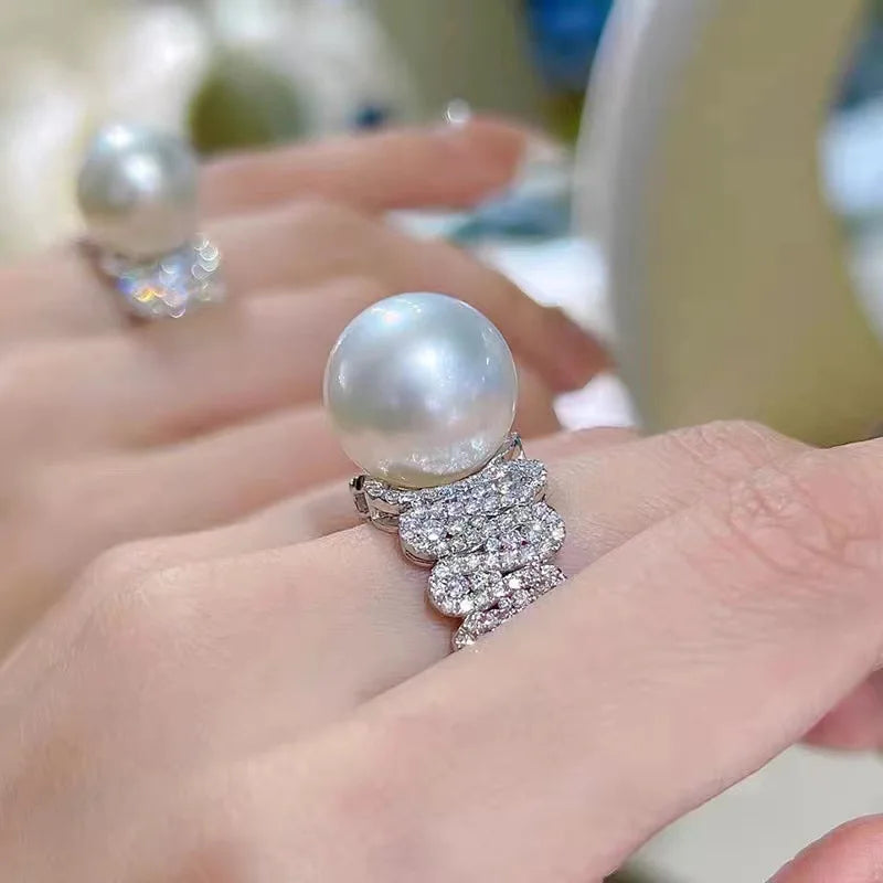 Elegant and Round Natural Large Pearl Ring with Personalized Design for Women, Adjustable Opening for Jewelry, Lover's Gift