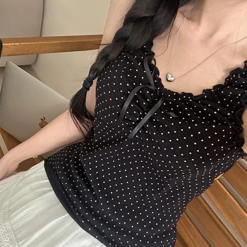 Tank Tops for Women New Summer 2025 Bow Black Sexy V Neck Cotton Sleeveless Cropped Vests Vintage Sweet Ruffles Slim Crop Top