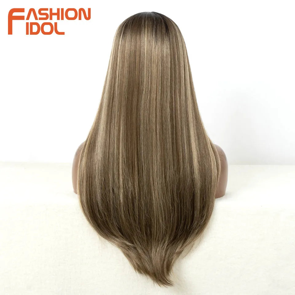 FASHION IDOL Cosplay Wig Synthetic With Bangs Lace Front Wigs For Women Ombre Brown 24 Inch Highlight Glueless Straight Lace Wig