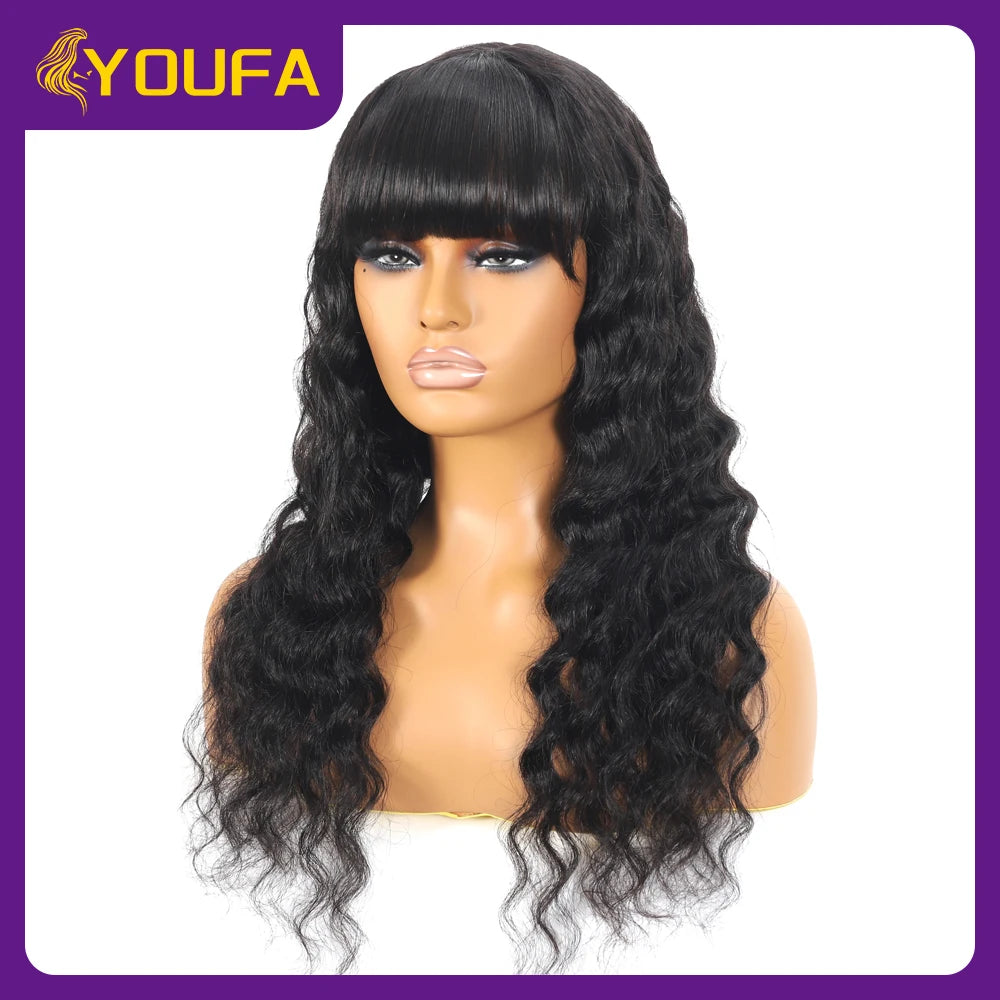 Scalp Deep Wave Human Hair Wigs 3 Inch Scalp Hairline Realistic Look Human Hair Bang Wigs 250 Density Loose Deep Wig With Bangs