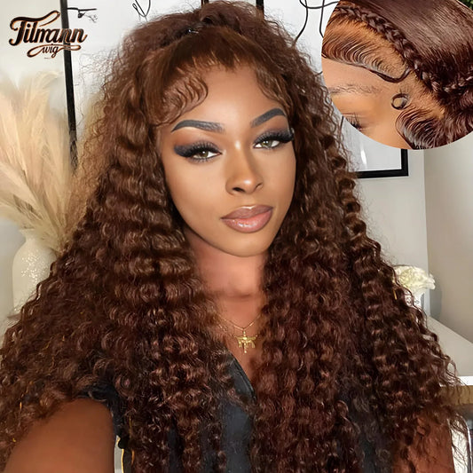 Deep Curly Wigs Human Hair Reddish Brown 13x4 13x6 Hd Lace Frontal Wig Colored Water Wave Lace Front Wig for Women 30 36 40 Inch