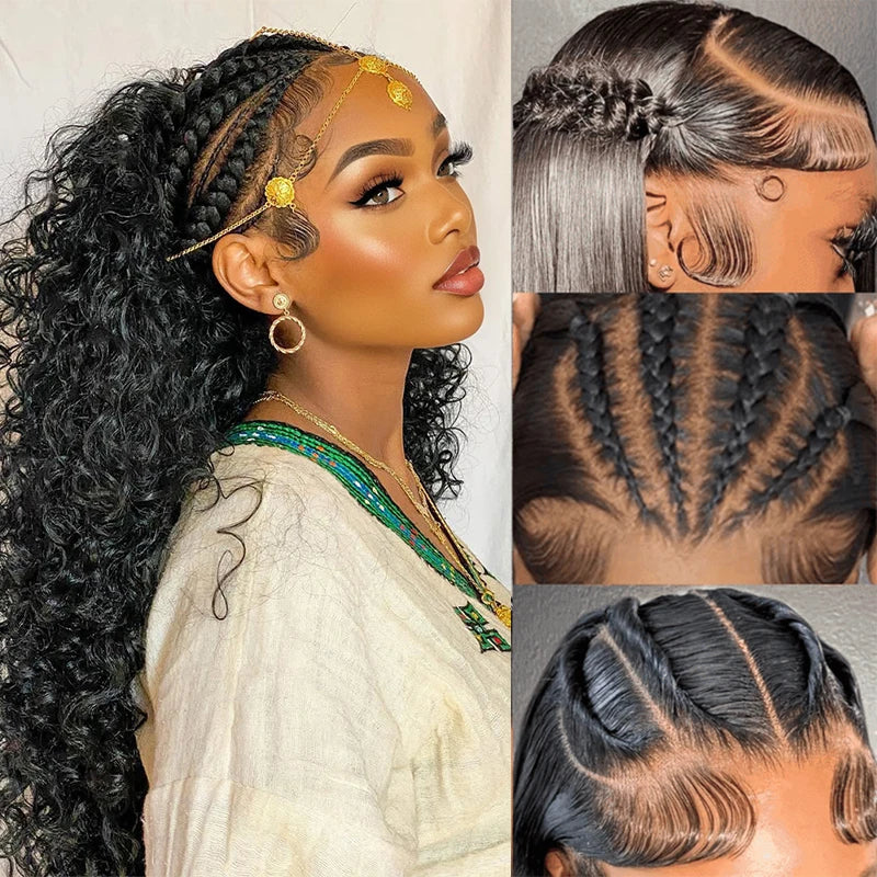 Deep Wave Pre Braided Wigs 13x4 HD Lace Frontal Black Human Hair Curly Wigs boho braids Water Wave Brazilian human hair Wigs