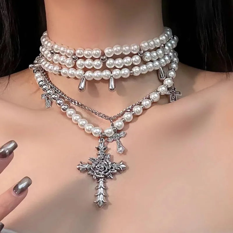 Layered Pearl Necklace for Women Gothic Cross Pearl Stacked Statement Pendant Necklace for Mom Girls Wedding Party Jewerly