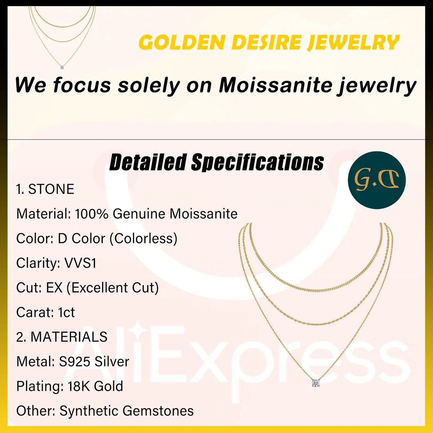 Triple Layer Necklace Moissanite Pendant S925 Sterling Silver 18K Gold Plated Minimalist Layered Jewelry for Women