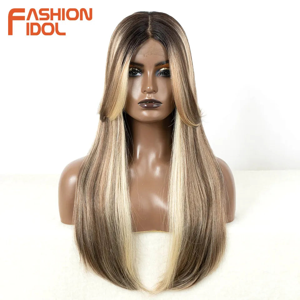FASHION IDOL Cosplay Wig Synthetic With Bangs Lace Front Wigs For Women Ombre Brown 24 Inch Highlight Glueless Straight Lace Wig