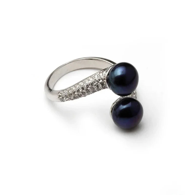 Real Natural Freshwater Black Double Pearl Ring Women,Exquisite 925 Sterling Silver Ring Fine Jewelry Adjustable