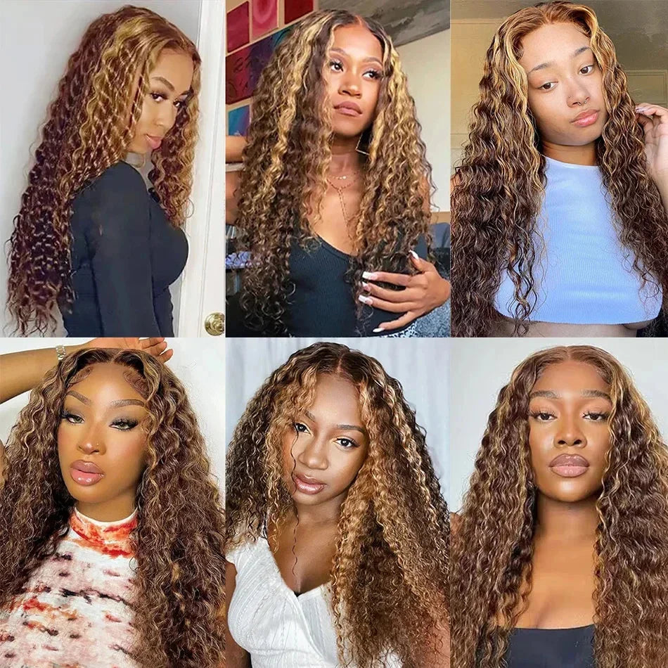 Deep Curly Wigs Human Hair Highlight 13x4 Lace Front Human Hair Wigs Colored Transparent Water Wave Lace Frontal Wig For Women