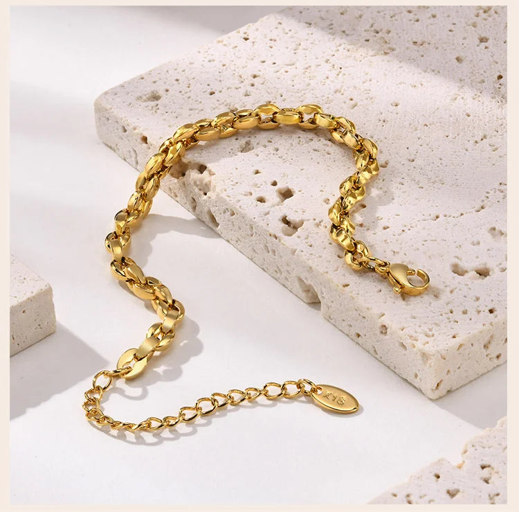 Simple Chain Bracelet for Women, 18k Gold Plated  Stainless Steel Link Adjustable