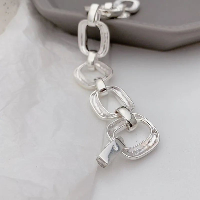 925 Sterling Silver Bracelets for Women Trend Hip Hop Vintage Thick Chain Creative Hollow Geometric Design Party Jewelry