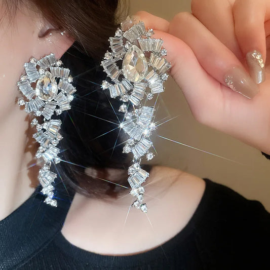 Luxury Design Sparkly Full Crystal Dangle Drop Earrings for Women Exaggerated Long Earrings Female Wedding Ear Accessories