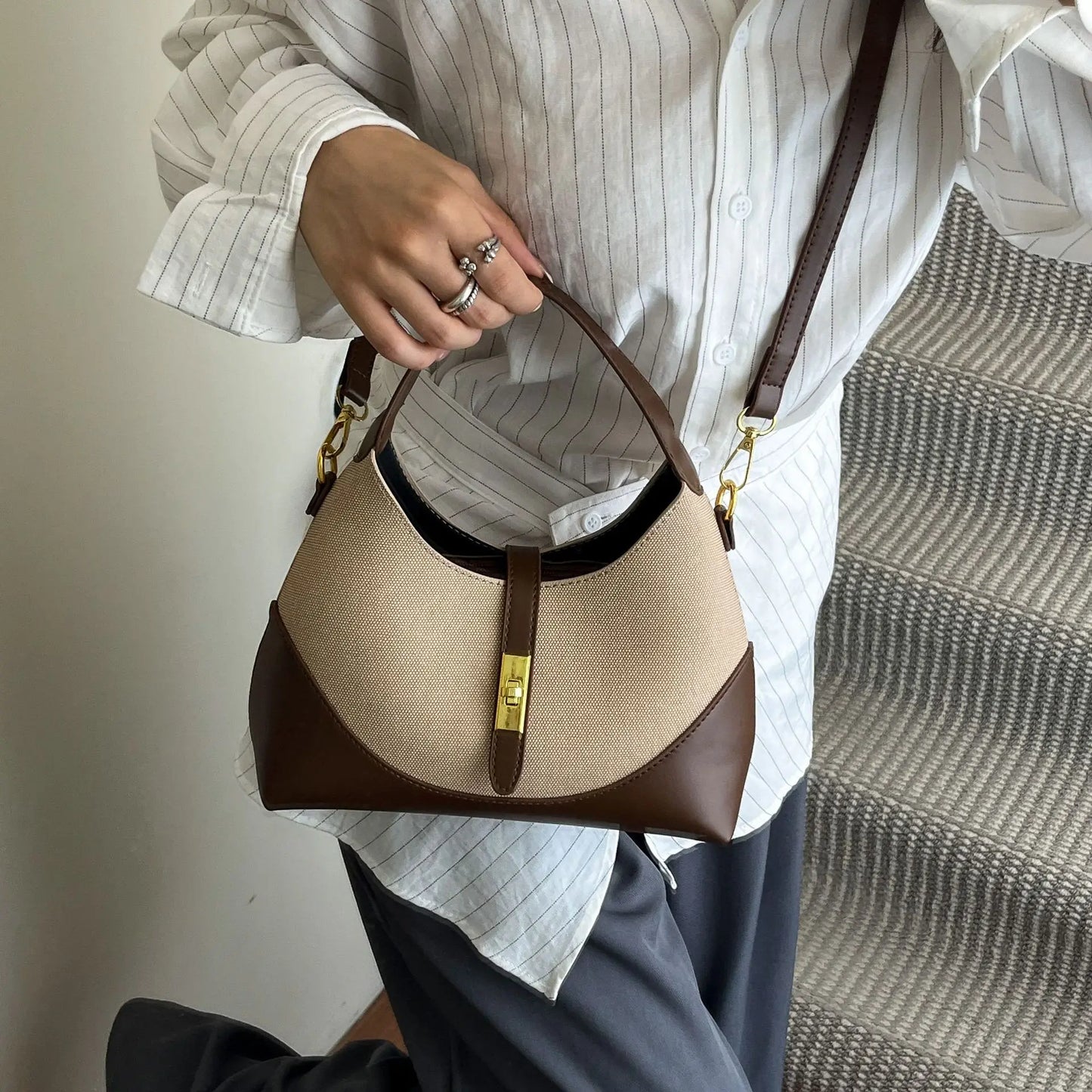2025 Colorblock Baguette Bag for Women - Boho Vegan Crossbody, Adjustable Shoulder Clutch & Minimalist Commuter Chic