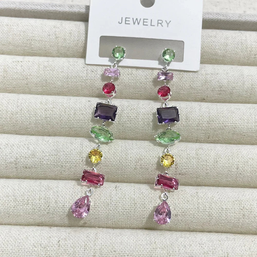Luxury Rainbow Crystal Dangle Drop Earrings for Women Wedding Party Jewelry Accessories Gorgeous Cubic Zirconia Bridal Brincos