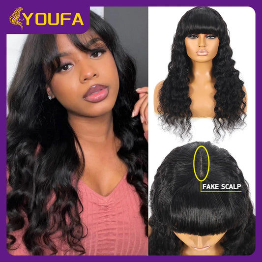 Scalp Deep Wave Human Hair Wigs 3 Inch Scalp Hairline Realistic Look Human Hair Bang Wigs 250 Density Loose Deep Wig With Bangs