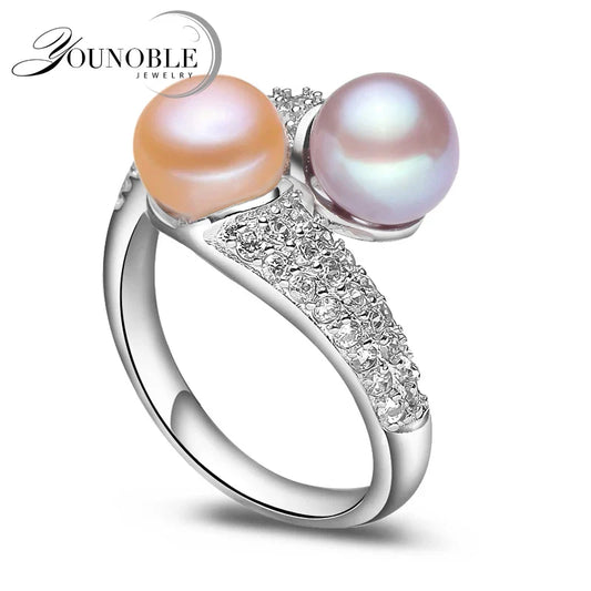 Real Natural Freshwater Black Double Pearl Ring Women,Exquisite 925 Sterling Silver Ring Fine Jewelry Adjustable