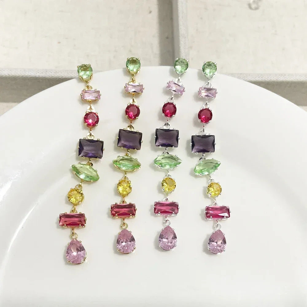 Luxury Rainbow Crystal Dangle Drop Earrings for Women Wedding Party Jewelry Accessories Gorgeous Cubic Zirconia Bridal Brincos