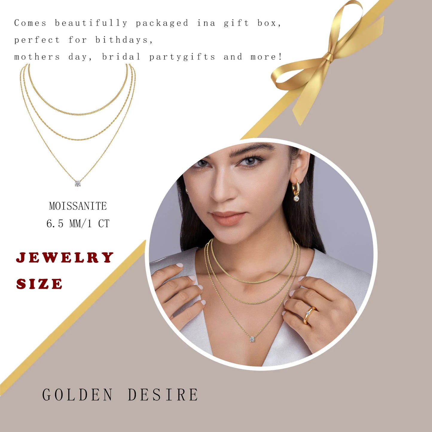 Triple Layer Necklace Moissanite Pendant S925 Sterling Silver 18K Gold Plated Minimalist Layered Jewelry for Women