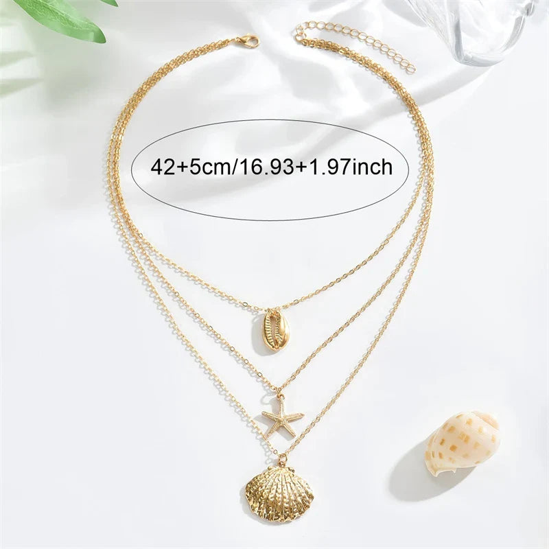 Simple Layered Pendant Necklace for Women Vintage Metal Starfish Sea Shell Multi layer Necklaces Vacation Ocean Style Jewelry