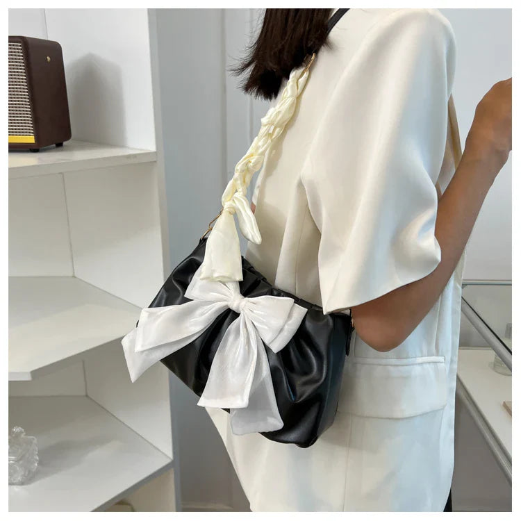 Lovely Bow Handbags for Girls Ladies Fashion Pleated Shoulder Bags for Women Simple Design Female Underarm Bag Casual Tote Purse