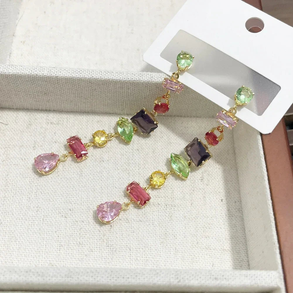 Luxury Rainbow Crystal Dangle Drop Earrings for Women Wedding Party Jewelry Accessories Gorgeous Cubic Zirconia Bridal Brincos