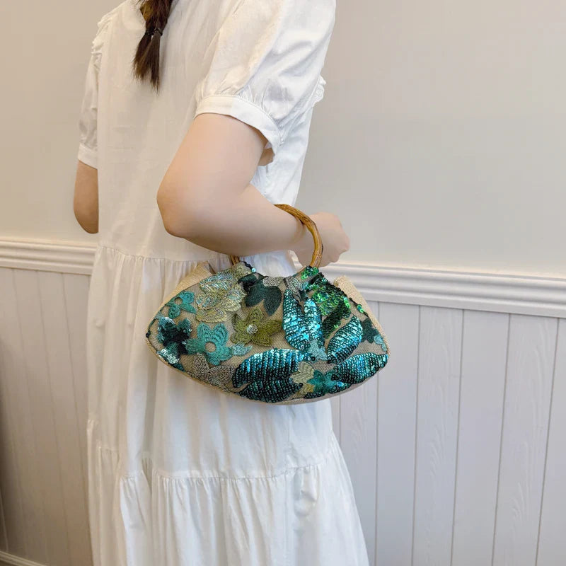 Handbags For Women Bamboo Handle Sequin Design Elegant Banquet Clutch Floral Linen Bag Women's Wrist Bags Lady Mini Purse Wallet