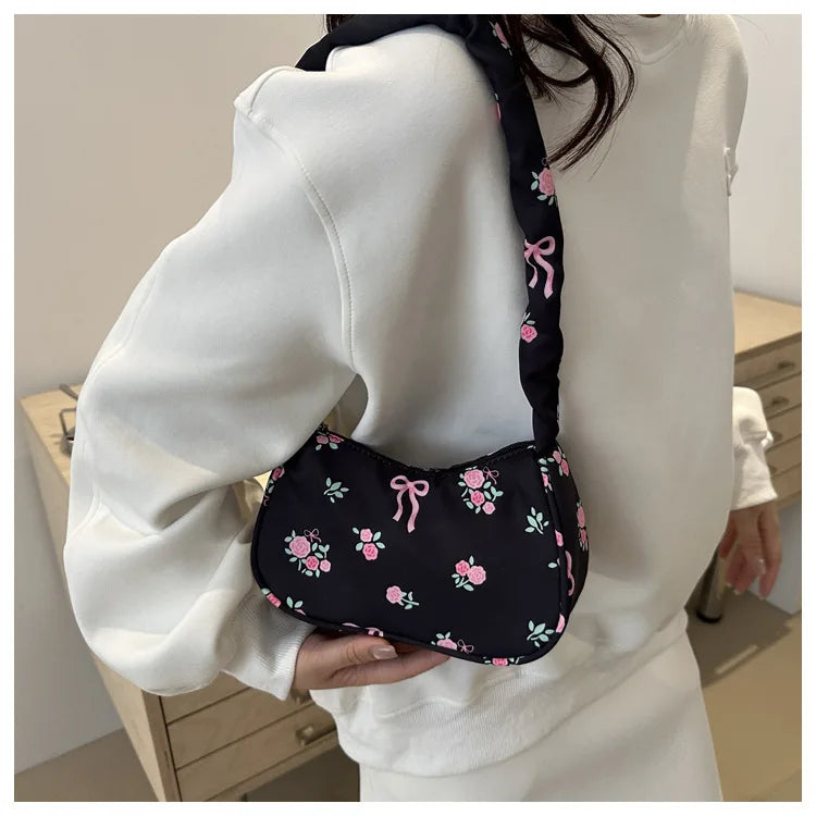 Gentle and Sweet Flower Canvas Bag for Women 2025 New Drawstring Shoulder Bag High Beauty Broken Flower Bow