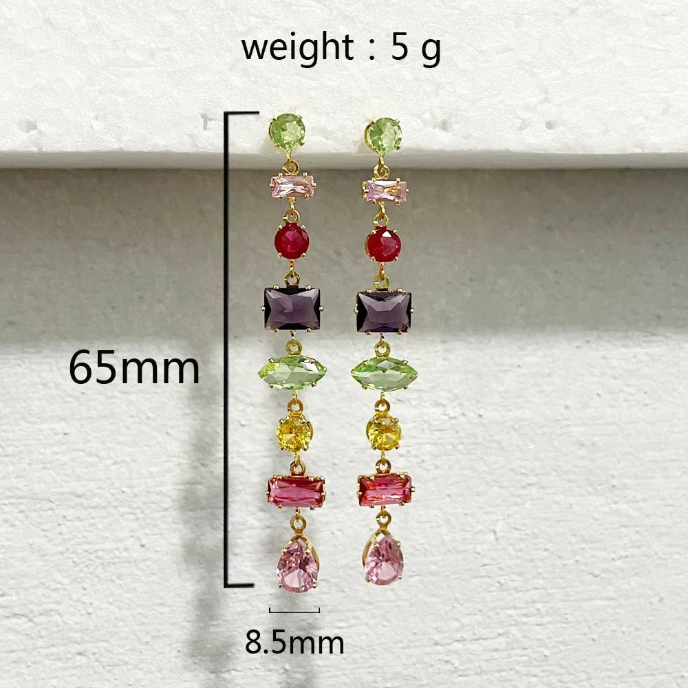 Luxury Rainbow Crystal Dangle Drop Earrings for Women Wedding Party Jewelry Accessories Gorgeous Cubic Zirconia Bridal Brincos