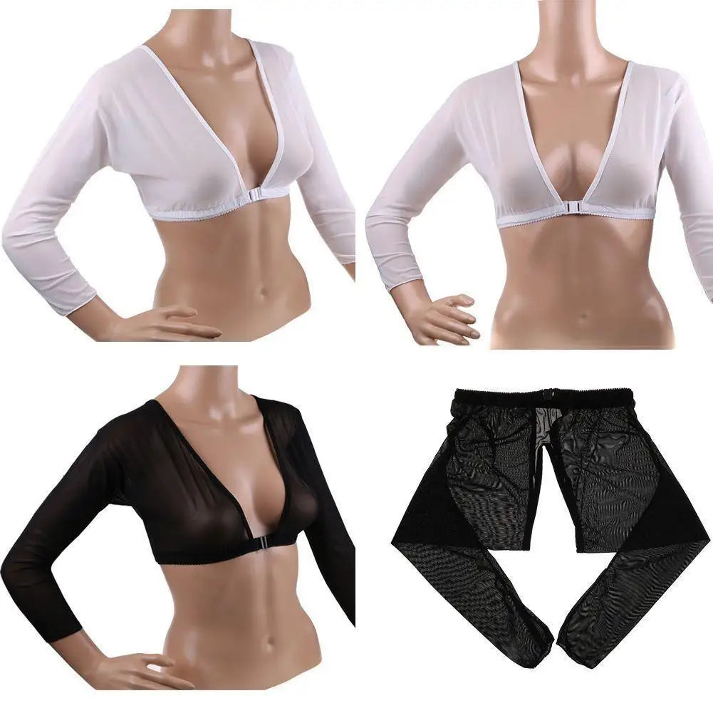 Women Bottom Sleeve Tops Fashion Front Button Long-sleeved T-shirt Mesh Top Crop Top White Sleeves Arm Cover Shoulder Tops Sexys