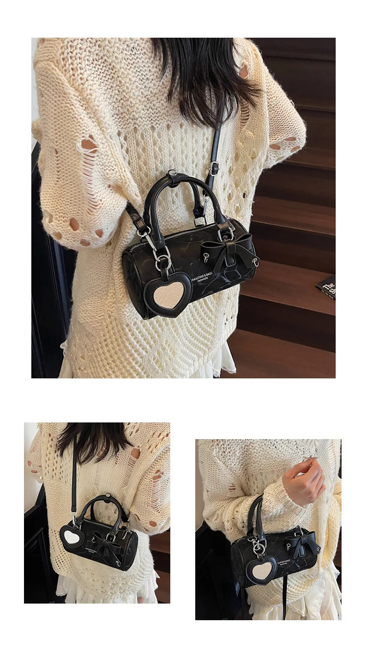 2025 Bow-Embellished Boston Bag Women Fashion Shoulder Crossbody Purse Stylish Cylinder Handbag for Work Travel Outings