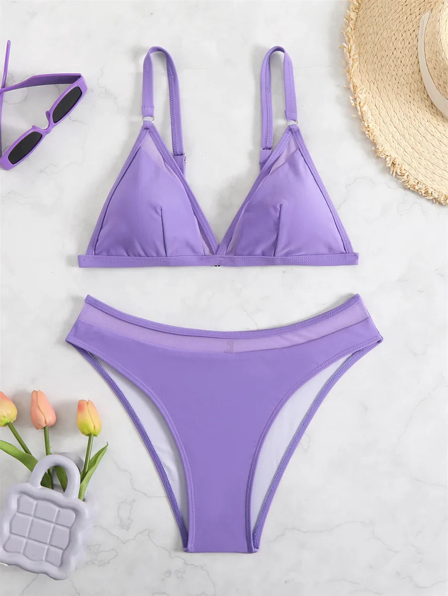 Women's Sexy Bikini Set Solid Mesh Two-Pieces Swimsuit Bra and Shorts Beachwear for Summer Surfing Vacation Swimwear 