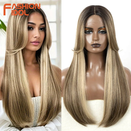 FASHION IDOL Cosplay Wig Synthetic With Bangs Lace Front Wigs For Women Ombre Brown 24 Inch Highlight Glueless Straight Lace Wig