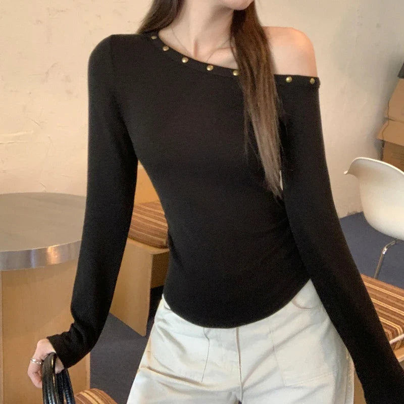 Sexy Slanted Shoulder Bottom T-shirts for Women 2025 Autumn New Black Long Sleeve Casual Slim Fit Women's Tops T-shirts