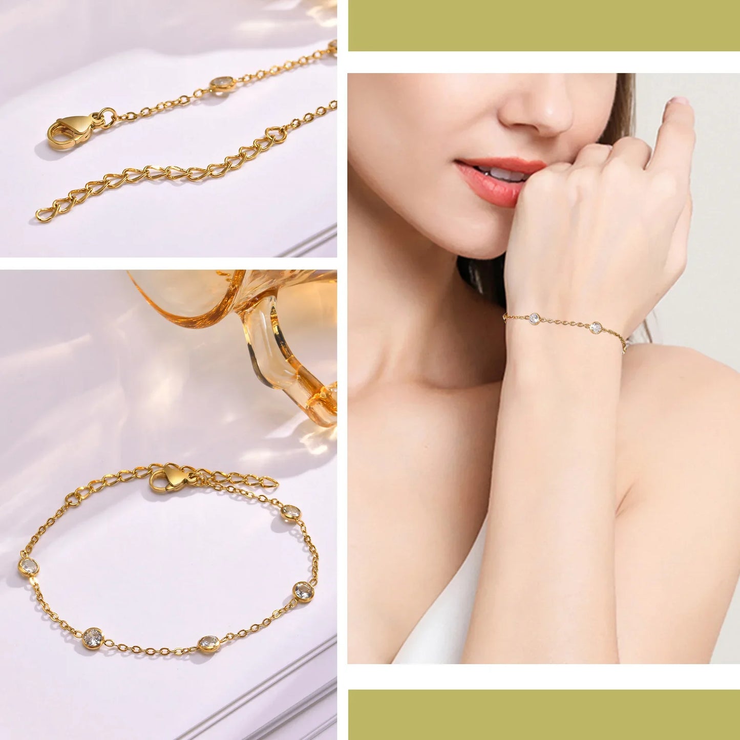 Trendy Chain Bracelets for Women Girls Lady, Stainless Steel Thin Chain Wristband Bling CZ Stone, Chic bracelet Gifts To Her