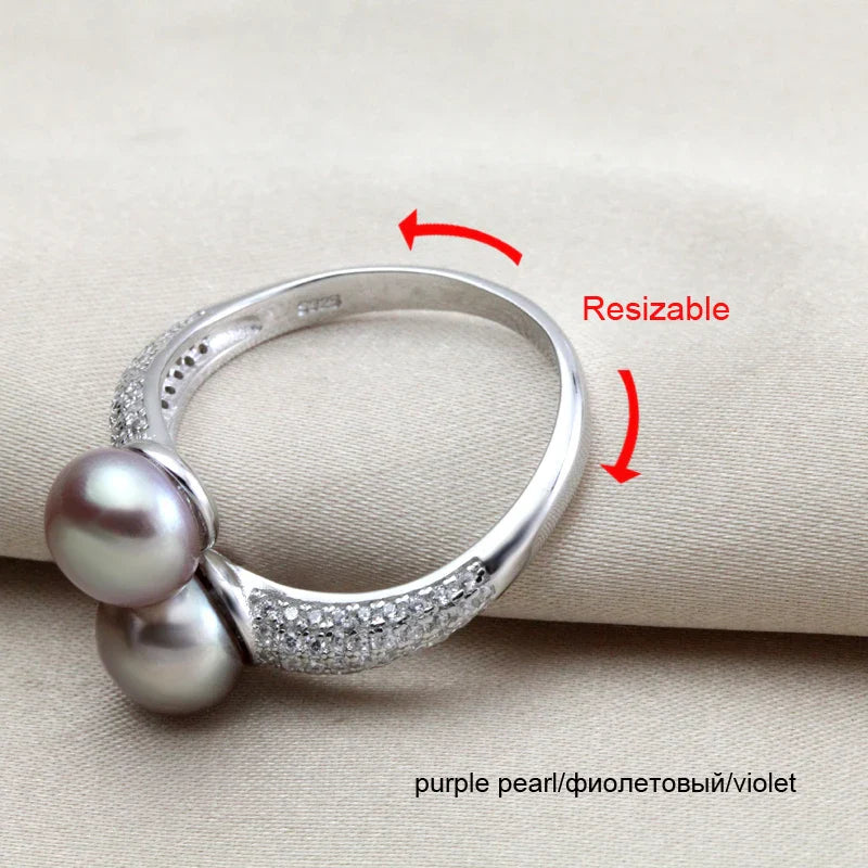 Real Natural Freshwater Black Double Pearl Ring Women,Exquisite 925 Sterling Silver Ring Fine Jewelry Adjustable