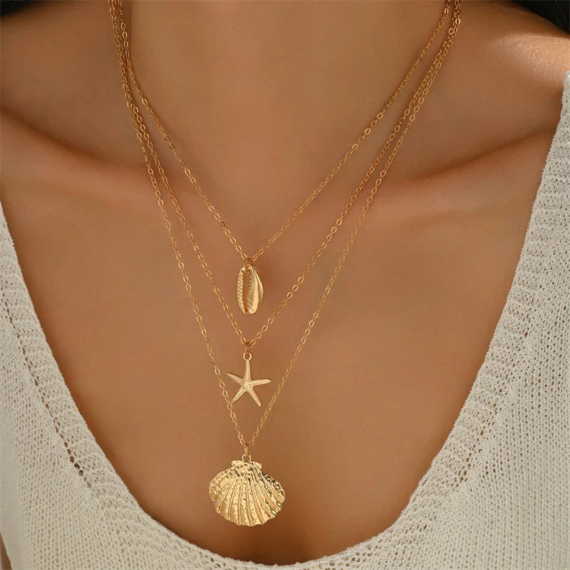 Simple Layered Pendant Necklace for Women Vintage Metal Starfish Sea Shell Multi layer Necklaces Vacation Ocean Style Jewelry