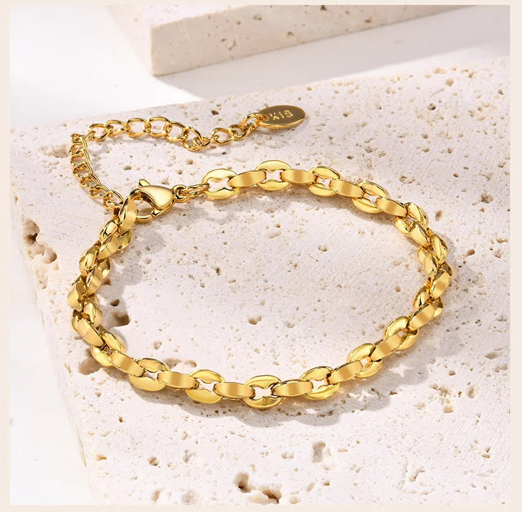 Simple Chain Bracelet for Women, 18k Gold Plated  Stainless Steel Link Adjustable
