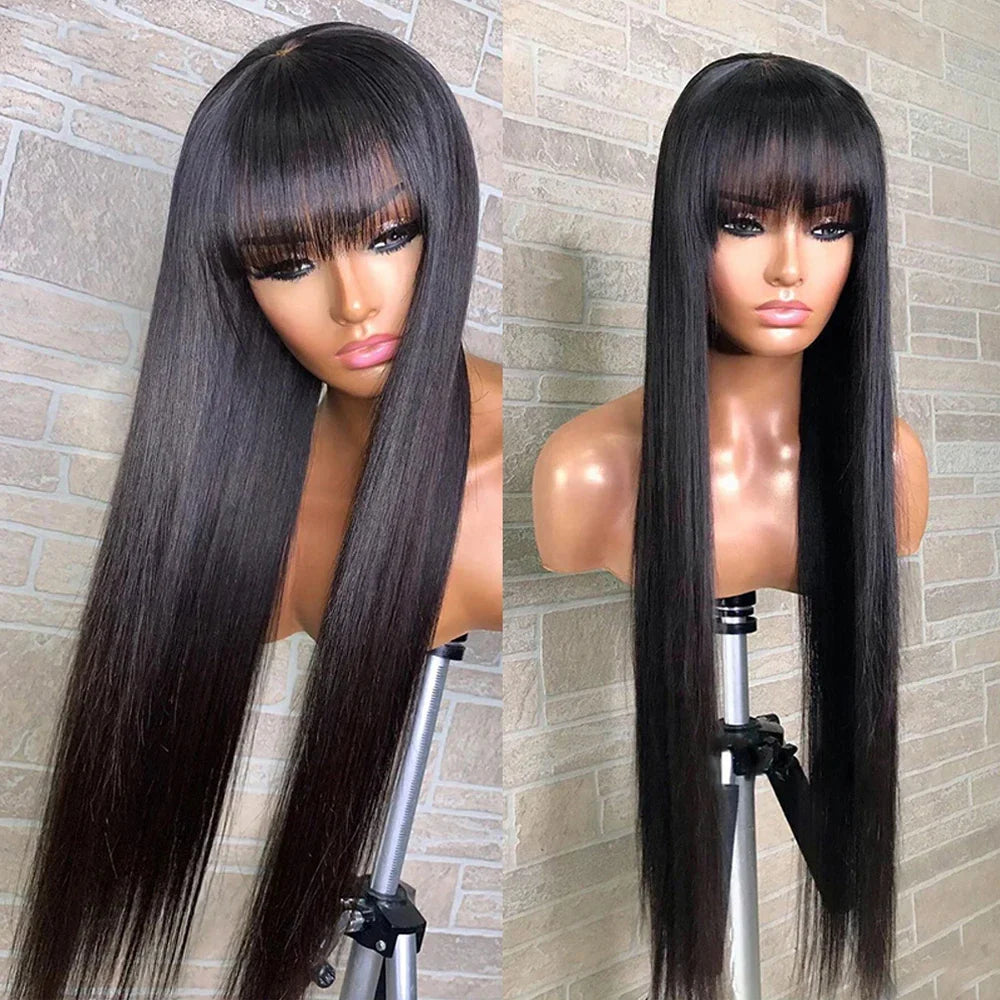 32 Inch Straight Human Hair Wigs With Bangs For Women Cheap Machine Made Fringe Wig 100% Human Hair Brazilian Wigs with Bangs