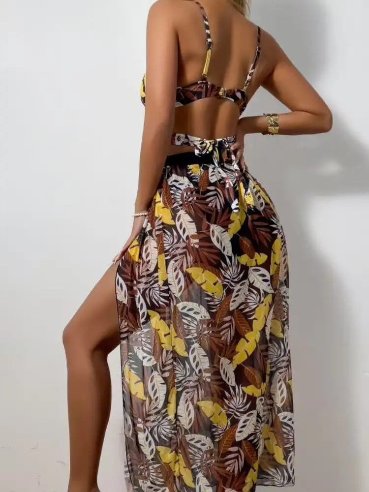 2025 New Sexy 3 Piece Bikini Set Black Push Up Bikini with Leaf Print, Low Waist Bottoms & Skirt Women's Swimsuit
