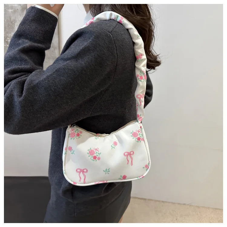 Gentle and Sweet Flower Canvas Bag for Women 2025 New Drawstring Shoulder Bag High Beauty Broken Flower Bow