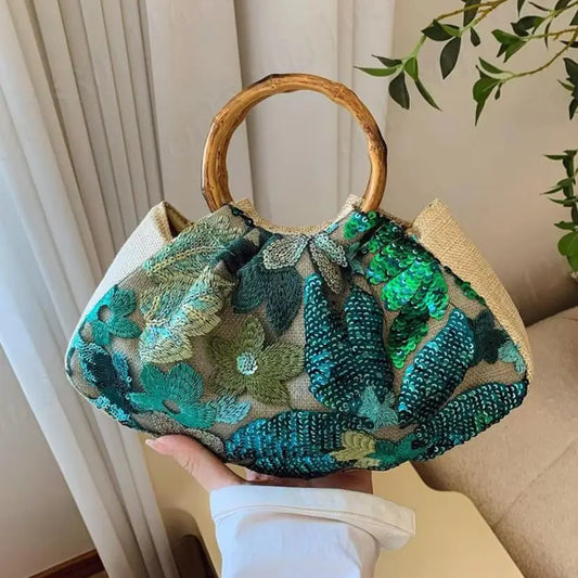 Handbags For Women Bamboo Handle Sequin Design Elegant Banquet Clutch Floral Linen Bag Women's Wrist Bags Lady Mini Purse Wallet