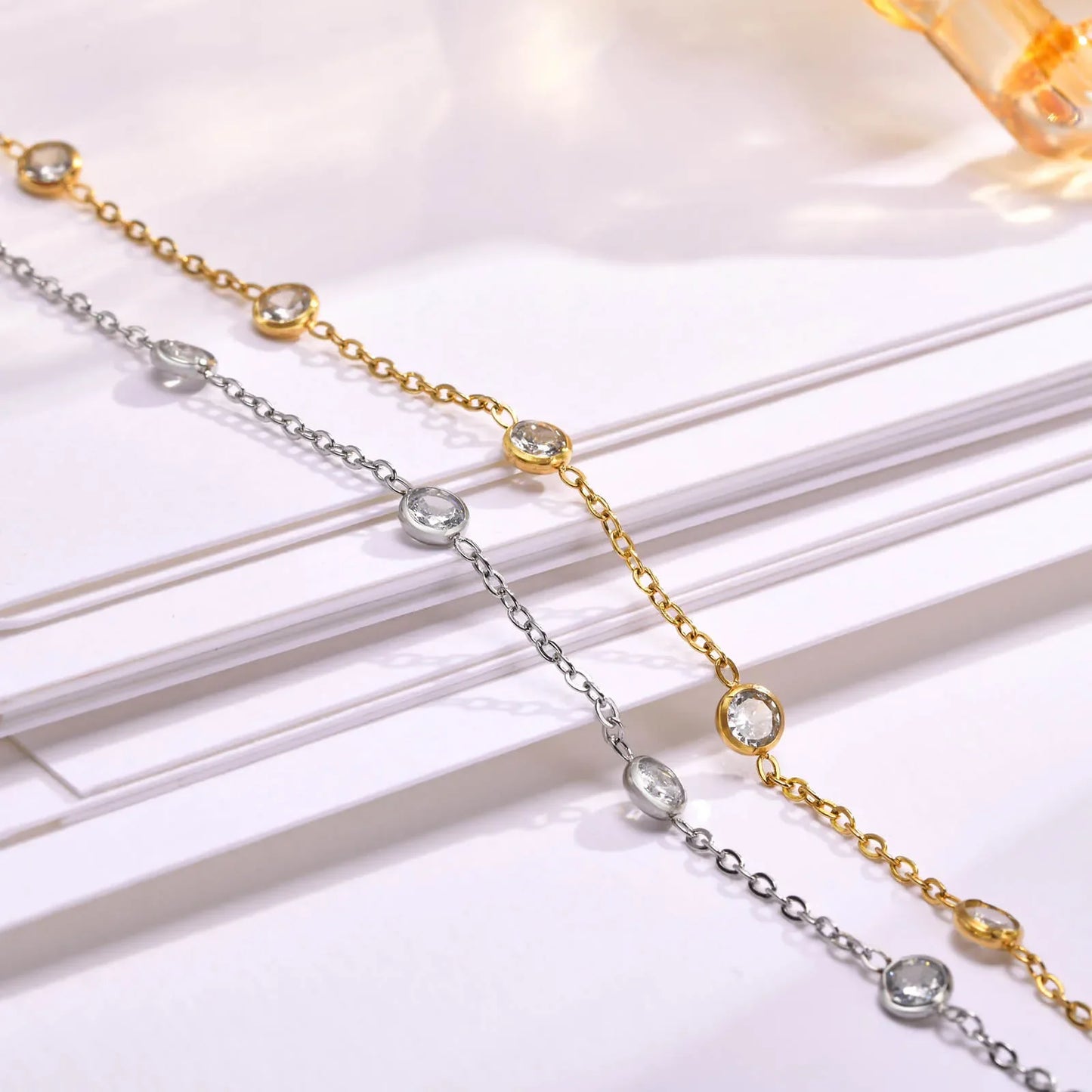 Trendy Chain Bracelets for Women Girls Lady, Stainless Steel Thin Chain Wristband Bling CZ Stone, Chic bracelet Gifts To Her