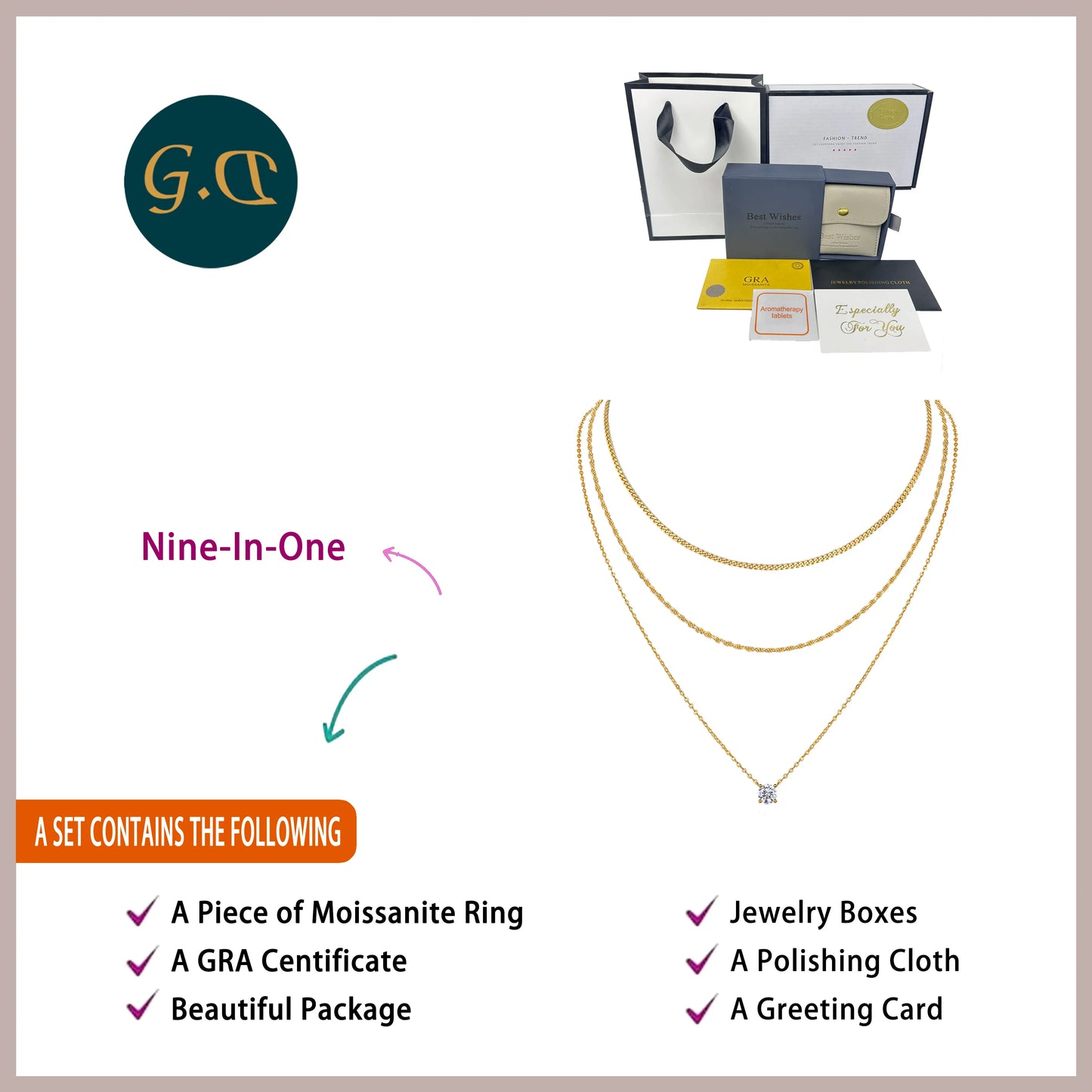 Triple Layer Necklace Moissanite Pendant S925 Sterling Silver 18K Gold Plated Minimalist Layered Jewelry for Women