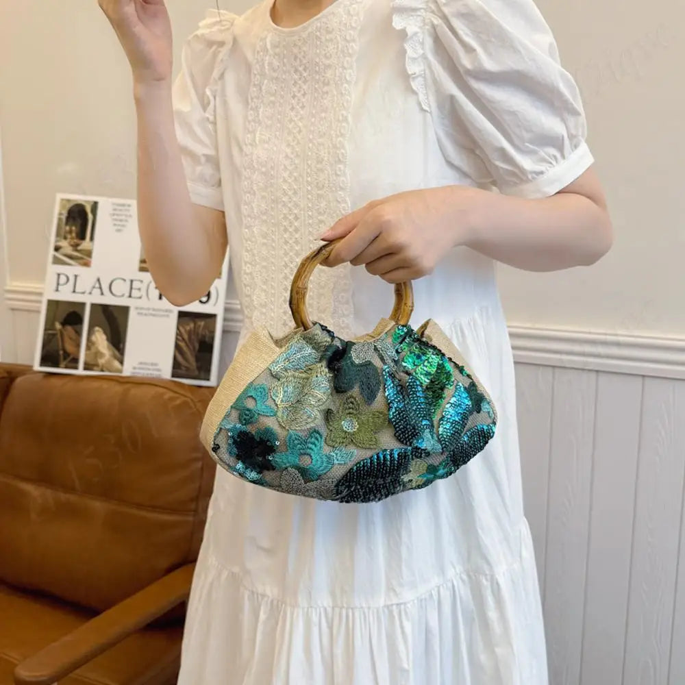 Handbags For Women Bamboo Handle Sequin Design Elegant Banquet Clutch Floral Linen Bag Women's Wrist Bags Lady Mini Purse Wallet