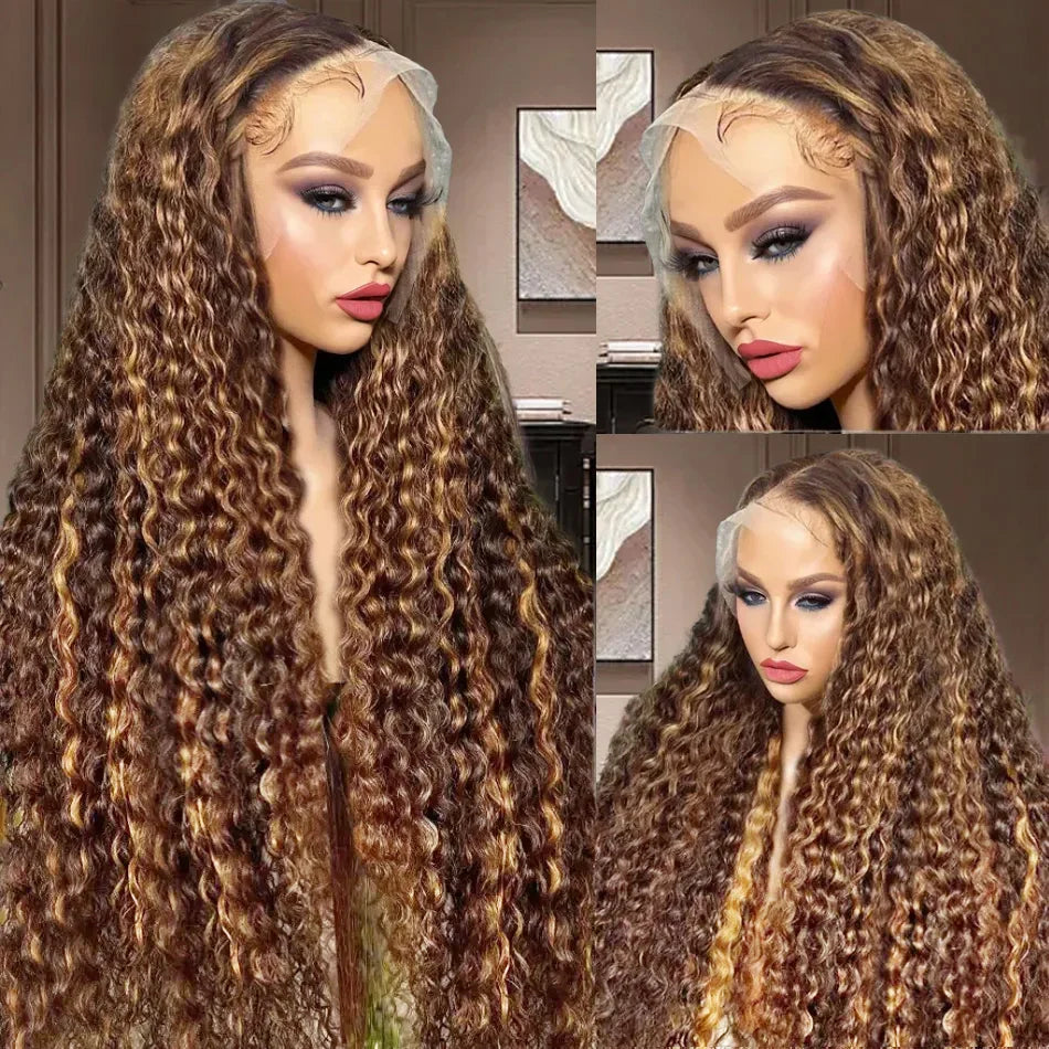 P427 Curly Highlight Wig Human Hair 13x4 HD Lace Frontal Wigs Preplucked 200 Density    100% Human Hair Deep Wave wig For Women